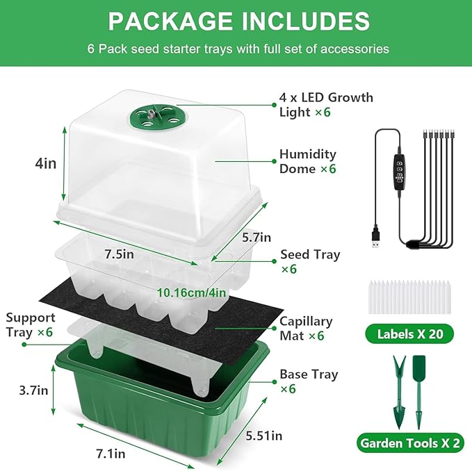 YAUNGEL Self-Watering Seed Starter Trays with Grow Light, 6-Pack 72-Cell Seed Starter Kit with Timing Controller Adjustable Brightness, Thicken Seed Starter Kit Humidity Dome Heightened Lids, Green - Image 6