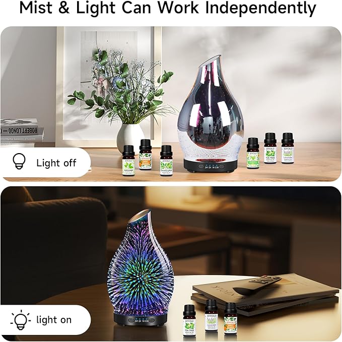 Essential Oil Diffuser & Essential Oils Set, Glass Aromatherapy Diffuser, 6 Oils Gift Pack (Lavender Tea Tree Lemongrass Sweet Orange Eucalyptus Peppermint) - Image 2