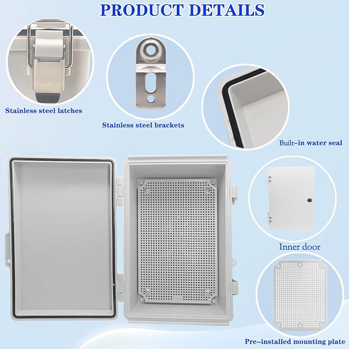 Waterproof Outdoor Electrical Box Junction Box Weatherproof IP67 ABS Plastic Enclosure Switch Router Project Box with Mounting Plate with Wall Bracket 2 Cable Glands Grey 11.4" x 7.5" x 5.5" - Image 4