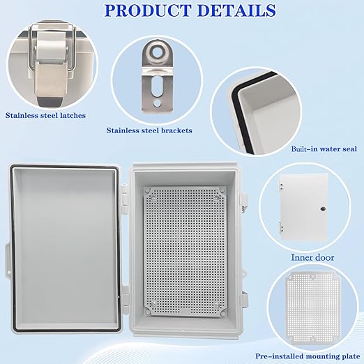 Waterproof Electrical Box with Mounting Plate, IP67 Junction Box Stainless Steel Latch Hinged Grey Cover Project Enclosure with Inner Door,Wall Bracket and 2 Glands 14" x 10" x 6" - Image 4