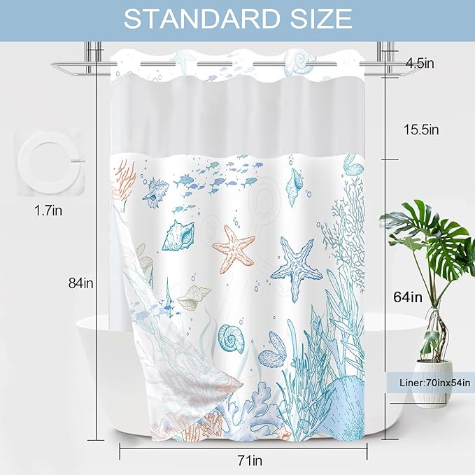 Extra Long No Hook Shower Curtain with Snap in Liner, Beach Ocean Nautical Coastal Shower Curtains and Liner Set for Bathroom, Seashell Fabric Bath Curtain, Waterproof Washable, Orange 71"x84" - Image 7