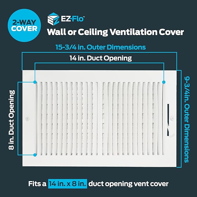 EZ-FLO 14 x 8 Inch (Duct Opening) Air Vent Cover for Wall or Ceiling, Two-Way Ventilation Register, Solid Steel HVAC Register Cover, White, 61662 - Image 2