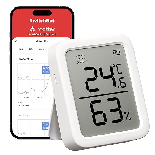 SwitchBot Thermometer Hygrometer, Bluetooth Indoor Humidity Meter for Home, Temperature Sensor with App Control, Large LCD Display, Notification Alerts, 2-Year Data Storage Export by SwitchBot