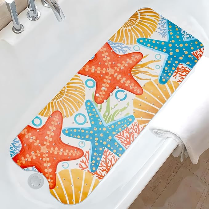 Ocean Bathtub Mat Non Slip, Cute Baby Bath Mat for Tub Rubber Tub Mat, Starfish Seashells Toddler Kids Bath Mats for Bathroom Anti Slip Shower Mat with Suction and Drain Holes Machine Washable,40″x16″ by Unknown