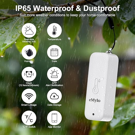 eMylo WiFi Hygrometer Thermometer 5 Pack, Smart Digital Indoor Temperature Humidity Monitor 426Ft Rang with 4 IP65 Wireless Sensors Outdoor Kit, App Alerts, Free Data Storage Export, Works with Alexa - Image 2
