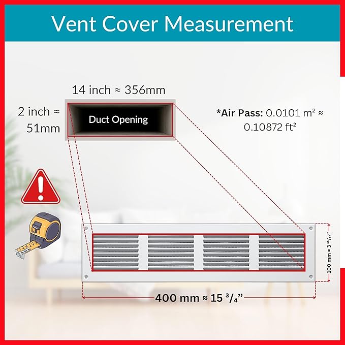 14x2 Vent Cover (Duct Opening) - White HVAC Return Air Grille for Wall and Ceiling - Metal AC Vent Cover with Mesh - Rectangular Ventilation Register - External Dimensions: 15.75" W x 3.94" H - Image 6