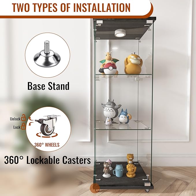 Yoluckea 3-Shelf Glass Display Cabinet with LED Lights, 1-Door Floor Standing Curio Cabinet with Universal Wheel for Home or Office, Black Glass Bookshelf for Collections, Decor, and Corner Display - Image 5