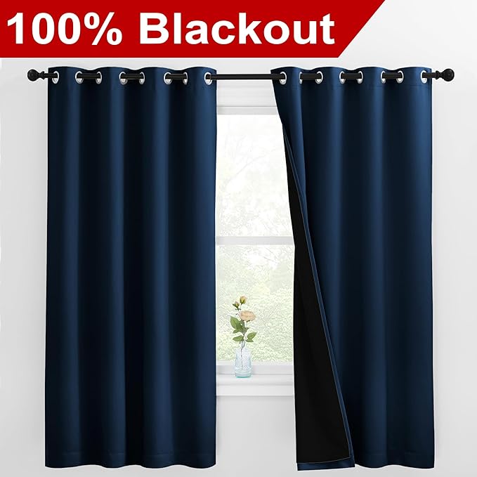 NICETOWN 100% Blackout Curtains with Black Liners, Thermal Insulated Full Blackout 2-Layer Lined Drapes, Energy Efficiency Window Draperies for Bedroom (Moroccan Blue, 2 Panels, 55" W by 68" L) - Image 2