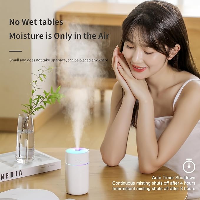 HODEMI Portable Mini Humidifier - Recharge Small Personal Desk Cold Mist Air Humidifier with Adjustable Colorful Atmosphere Light and 4/8 H Timer Sprays Modes for Car, Bedroom & Office (White) - Image 4