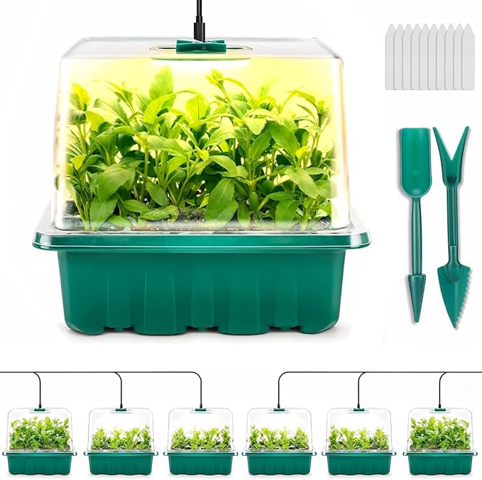 Seed Starter Tray with Grow Light, 6pcs Seed Starter Kits with Light and Adjustable Humidity Domes, Covers Height 3.9", Indoor Seedling Starter Plant Germination Trays (Green-Warm White) by Ourhom