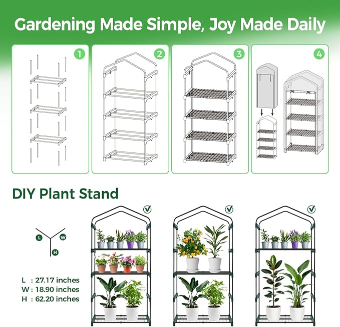 Ohuhu Mini Greenhouse for Indoor Outdoor, Small Plastic Plant Green House 4-Tier Rack Stand Portable Greenhouses with Durable PE Cover for Seedling, 2.5x1.6x5.2 FT, Ideal Gardening Gifts for Women Men - Image 8