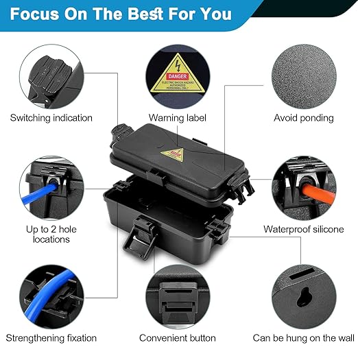 Outdoor Electrical Box Waterproof IP54 Black Outdoor Extension Cord Cover(Inner 6.5 x 3.5 x 2.2inch), Wall-Hangable Waterproof Box for Plug, Halloween, Christmas String Lights (1 PCS Black) - Image 3