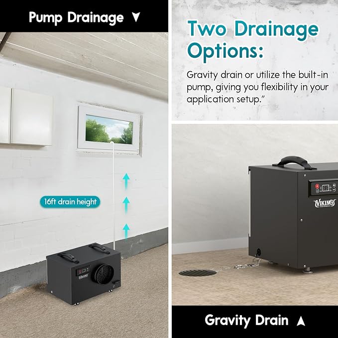 Viking BD-65 Commercial Dehumidifier, R32 Refrigerant, 65 PPD @ AHAM with Pump, 1300 Sq Ft for Basement, Warehouse, Crawl Space, Construction, Water Damage Restoration, Garage, Optional Remote Control - Image 4