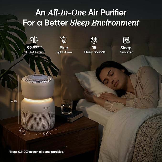 LEVOIT Air Purifier for Home Bedroom with HEPA Filter, White Noise Sound Machine and Blue Light-Free Night Light Support Better Sleep, AHAM VERIFIDE, 5 Air Quality Monitor, Smart WiFi, Sprout - Image 2