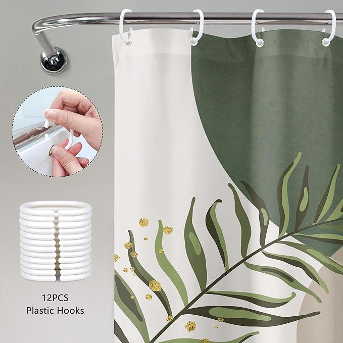 Green Boho Shower Curtain 72Wx96H Extra Long Mid Century Modern Abstract Green Gold Minimalist Leaves Sun Arch Bathroom Decor Geometric Plant Bath Curtain Fabric Polyester 12 Pack Hooks - Image 6