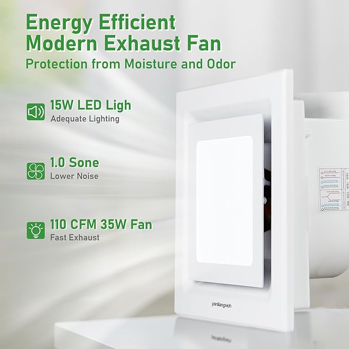 Bathroom Exhaust Fan with Light, 8 Inch Barthroom Ventilation Fan, 110 CFM 1.0 Sones Quiet Exhaust Fan, Square Exhaust Ventilation Fan Ceiling Mount - Image 5