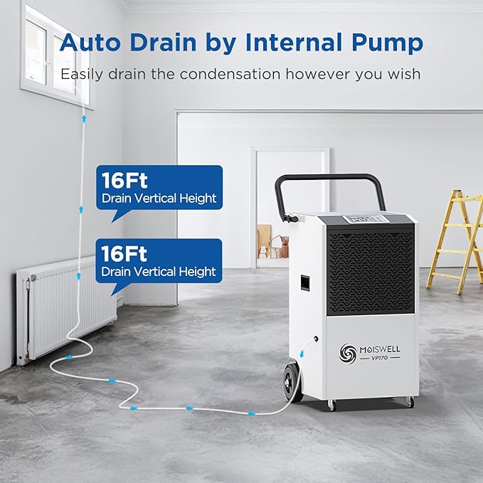 170 Pints Commercial Dehumidifier with Pump and Drain Hose for Basements and Large Spaces up to 7,500 Sq Ft - Image 3