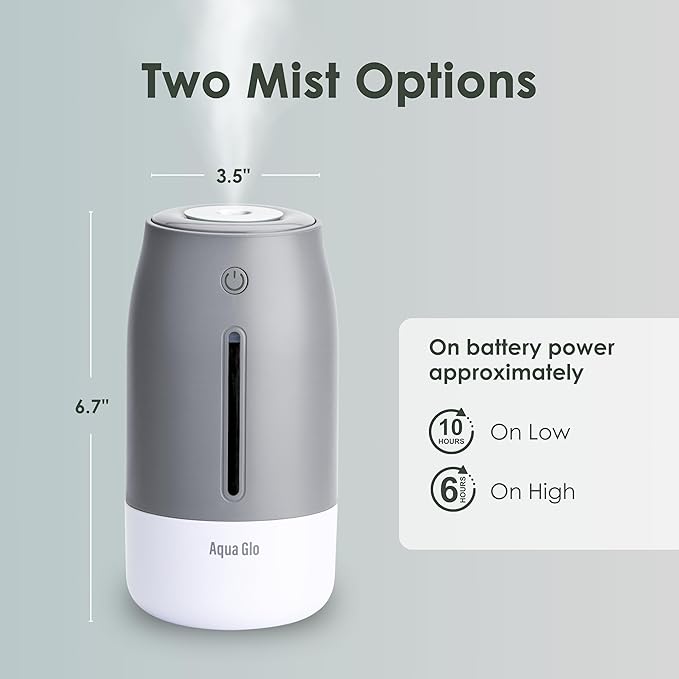 Aqua Glo Personal, Portable Humidifiers for Bedroom – Ultrasonic Cool Mist Humidifier with Built In Rechargeable Battery. Air Humidifier for Baby, Plants, Home, Office, Travel. Gray - Image 6