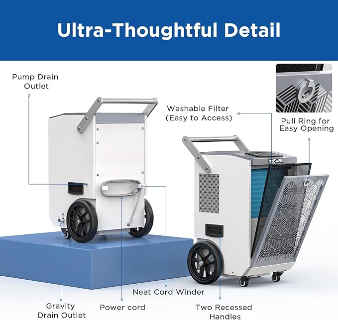 160 Pints Commercial Dehumidifier with Pump and Drain Hose for Basements, Heavy Duty Commercial Grade Dehumidifiers for Large Spaces, Warehouse, Industry Water Damage Unit, Auto Defrost - Image 7