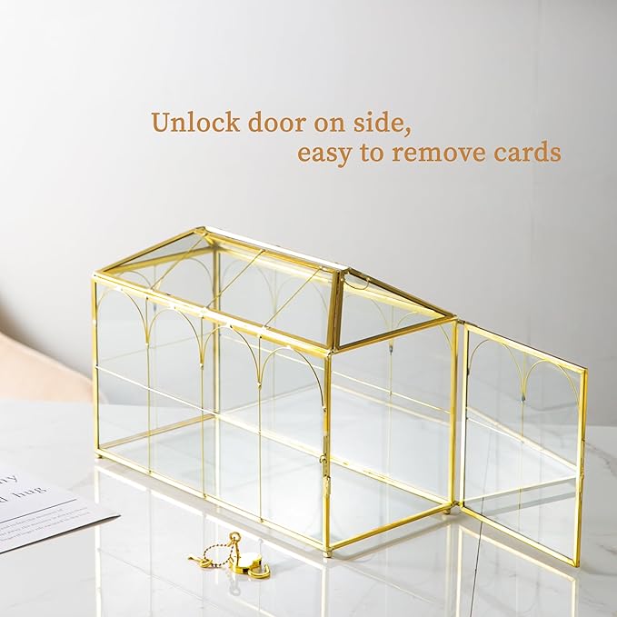 Glass Wedding Card Box with Slot, 12.5'' Large Clear Card Box Gold Brass Gift Card Storage Box with Lock Perfect for Wedding Receptions, Baby Shower, Birthday Party, Bridal Shower - Image 4