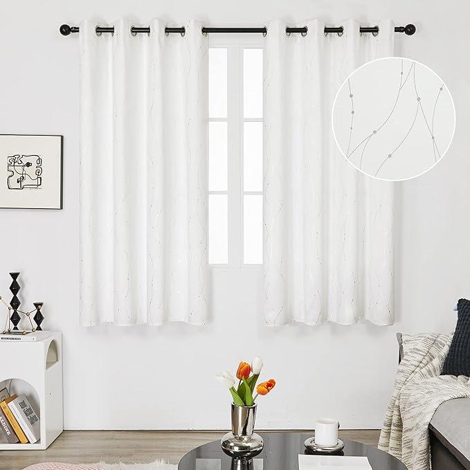 Deconovo White Kitchen Curtains, Room Darkening Curtain, Thermal Insulated Soundproof Drapes, Wave Dots Silver Print, 52 x 45 Inch, Machine Washable Window Panels for Small Windows Nursery, Set of 2 - Image 2