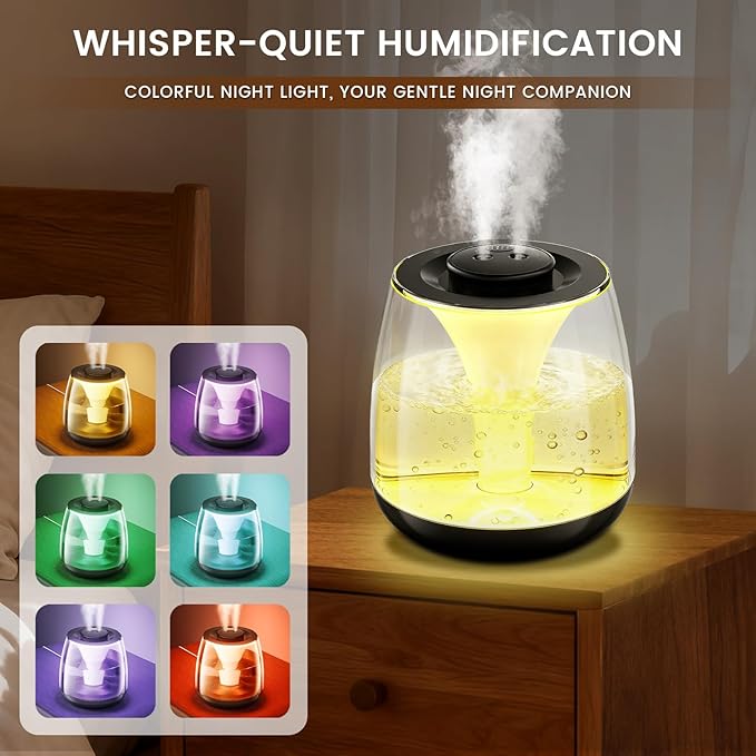 Humidifiers for Bedroom, 3 L Cool Mist Top-Fill 40H Super Long Time, 23dB Quiet, Baby Humidifier, Oil Diffuser for Large Room, Plants, Nursery, Office, 7 Color Light Ultrasonic (black) - Image 6