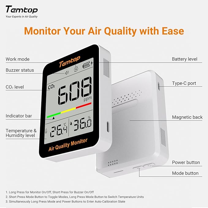 Temtop CO2 Monitor Indoor air Quality Monitor Portable CO2 Meter, CO2, Temperature, Humidity Home, Office or School - Image 6