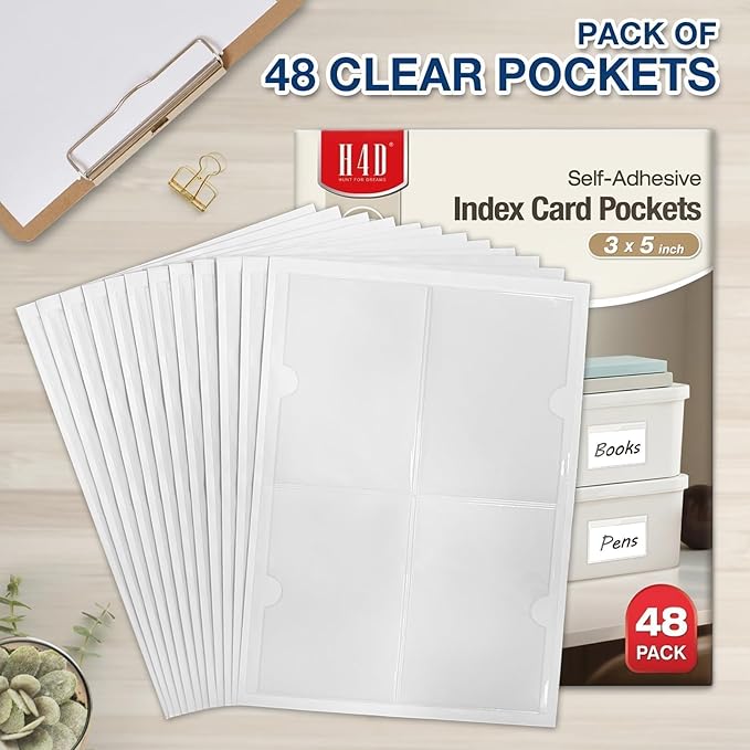 H4D 48 Pack Labels for Storage Bins, 3" x 5" Plastic Clear Adhesive Index Card Holders, Tote Label Pockets for Organizing Storage, Library Card, Shelves - Image 2