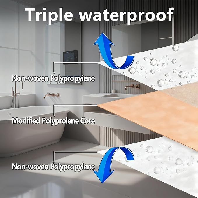 3.3 FT x 98.5 FT Waterproof Membrane for Shower, 23.6 mils Thick Underlayment Waterproof Polyethylene 323 sq ft, Walls Tile Underlayment Fabric for Sauna Bathroom, Bathroom - Image 3