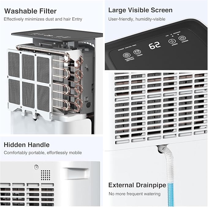 Dehumidifier,1500 Sq. Ft 21 Pint Dehumidifier for Basement with Drain Hose for Home Large Room Bathroom Bedroom - Smart Humidity Control, 24H Timer, Auto Manual Drain, 3 Modes - Image 6