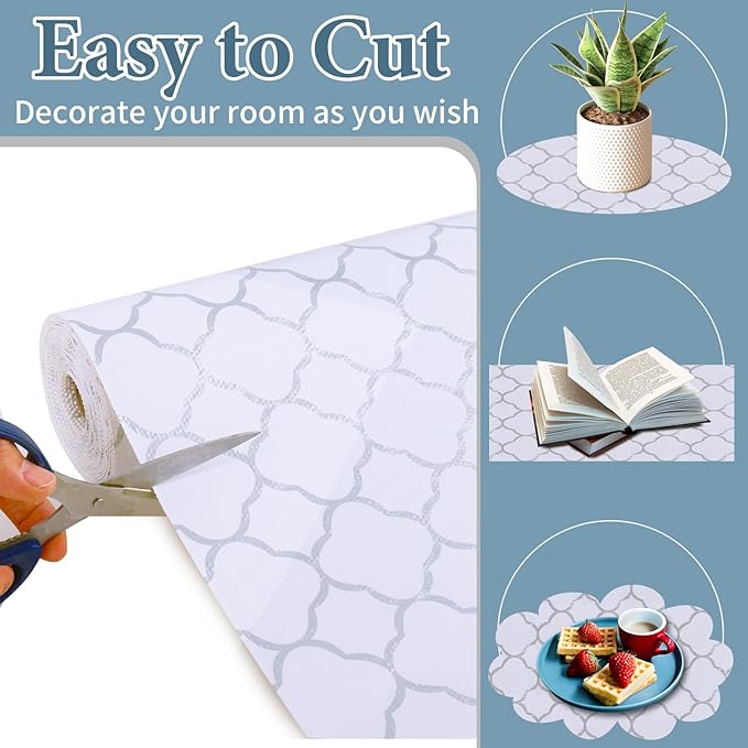 Shelf Liners for Kitchen Cabinets 12in x 20FT Non Adhesive Drawer Liner Silver Quatrefoil Shelf Liner Paper Strong Non-Slip Easy to Clean for Tool Box Refrigerator with Knife and Tape Measure - Image 5