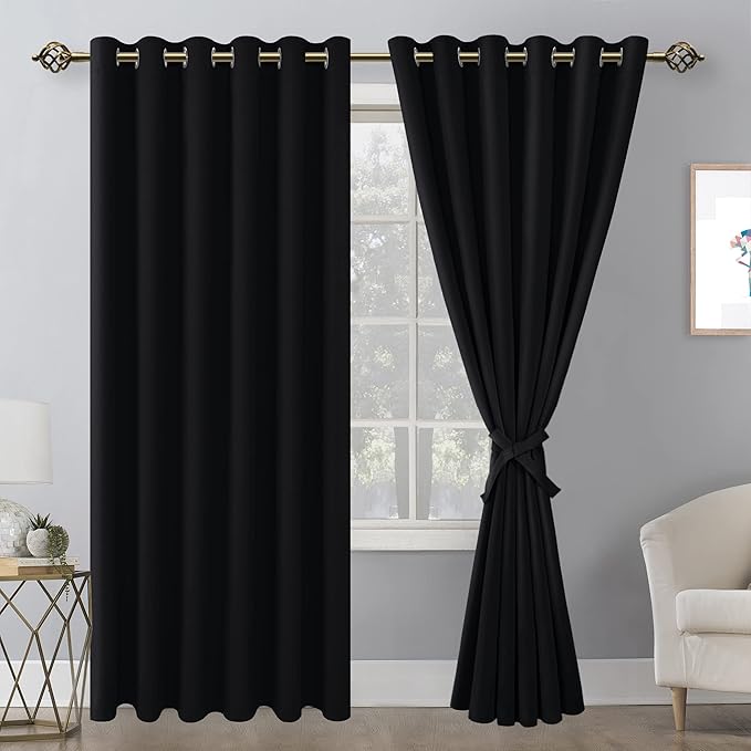 Hiasan Grommet Blackout Curtains for Bedroom, 70 x 84 Inches - Thermal Insulated & Noise reducing Window Drapes for Living Room/Dorm Room, Set of 2 Panels Sewn with Tiebacks, Black - Image 2