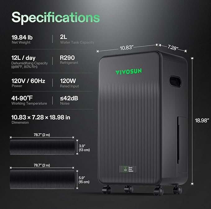 VIVOSUN AeroDrain D12 Smart Environmental Dehumidifier, up to 12L/day, 2L Water Tank, with Temperature & Humidity Sensor Probe, Smart Remote Control, Designed for Grow Tents - Image 6