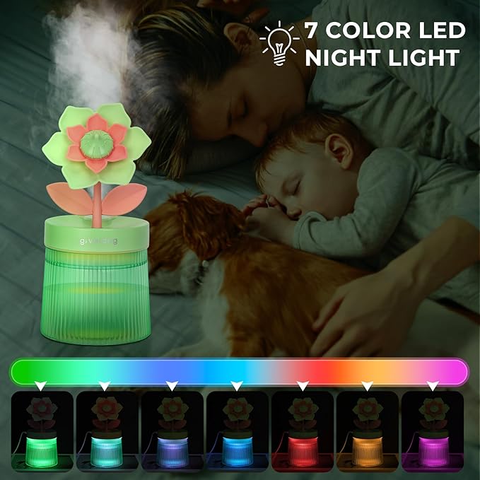 Cute Flower Mini Humidifier, 260ml Gardenia Desktop Humidifiers for Bedroom, Portable Small Cool Mist Humidification for Home, Baby Nursery, Office & Indoor Plants, USB Powered (Green) - Image 5