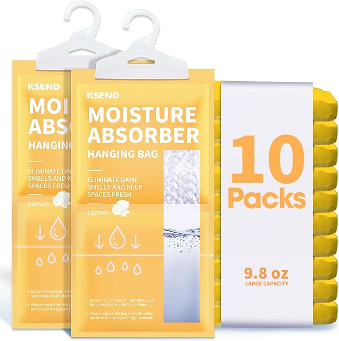 Moisture Absorbers 10 Pack, 9.8 Oz Compact Dehumidifier Bags & Packs, Moisture Hanging Bag, Humidity Absorbers, Closet Deodorizer Against Musty Odors, Lemon Scent, 11.8" x 6.3" by Ksend