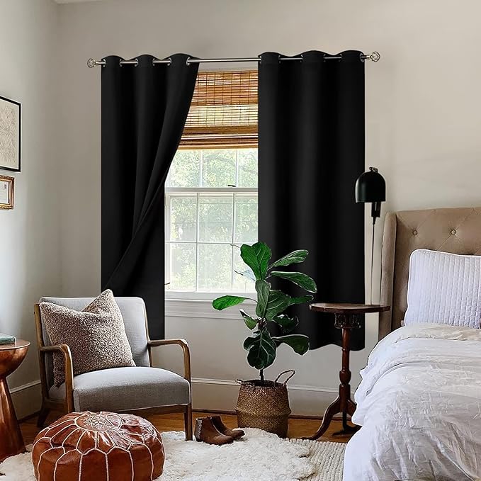 BGment Thermal Insulated 100% Blackout Curtains for Bedroom with Black Liner, Double Layer Full Room Darkening Noise Reducing Grommet Curtain (38 x 63 Inch, Black, 2 Panels) - Image 2