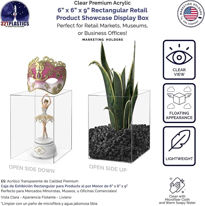 6 Pack Acrylic Display Riser Box Versatile 5 Sided No Lid Pedestal Merchandise Storage Bin 6" x 6" x 9" Retail Product Riser One Open Side No Assembly by Marketing Holders - Image 3