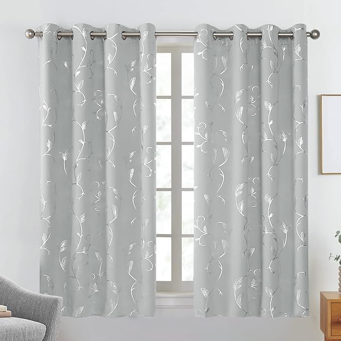 BUHUA Blackout Curtains 63 Inches Long, Vine Foil Print Pattern Room Darkening Curtain, Living Room Curtains & Drapes, Thermal Insulated Window Panel Set, 52 x 63 Inch, Silver Grey - Image 2