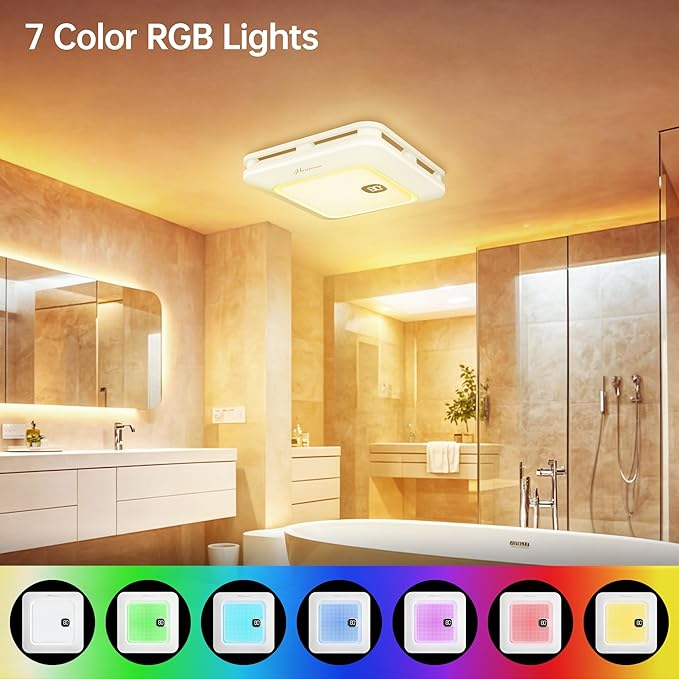 Bathroom Exhaust Fan with Bluetooth Speaker, 230 CFM 1.0 Sone Bathroom Exhaust Fan with Light, 3 Dynamic Light, 7 LED Color, 3 Color Temperatures, Nightlight,Remote, Easy Install (White) - Image 6