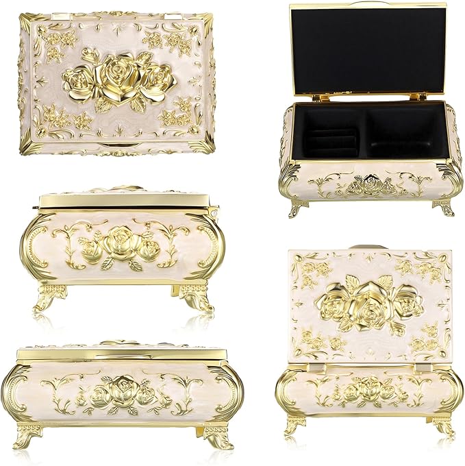 Hipiwe Vintage Jewelry Box Metal Trinket Chest Treasure Display Case for Rings Earrings Organizer Rectangular Decorative Keepsake Storage Box, Small - Image 8