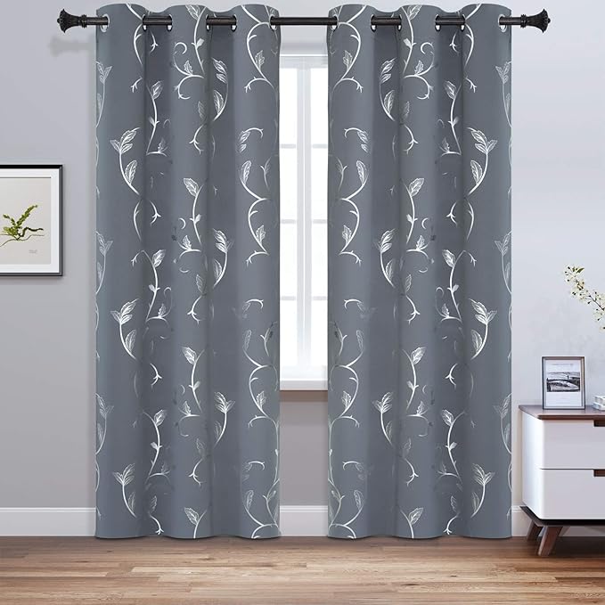 BUHUA Flower Print Blackout Curtains Thermal Insulated Window Curtains Silver Elegant Vine Pattern for Baby Room Light Grey 38W by 63L 2 Panels - Image 2
