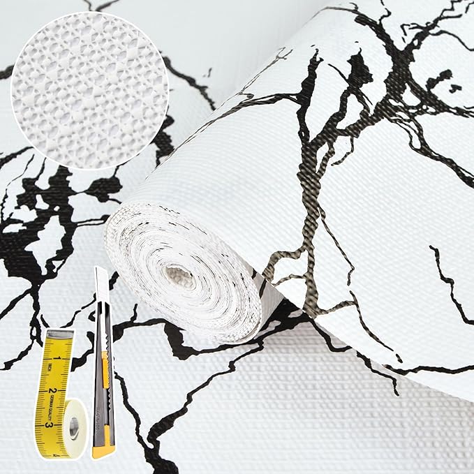 2-Layer Drawer and Shelf Liner for Kitchen Cabinet: 17.3in X 20Ft Non Slip Waterproof Shelf Paper Non Adhesive Refrigerator Liners White/Black Marble Easy Liners for Bathroom with Knife Tape Measure by Kimhan