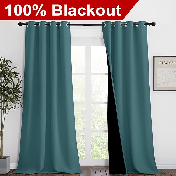 NICETOWN 100% Blackout Blinds, Laundry Room Decor Window Treatment Curtains, Thermal Insulated Energy Smart Drapes and Draperies for Villa, Hall and Studio, Sea Teal, Set of 2, 46 inches x 90 inches - Image 2