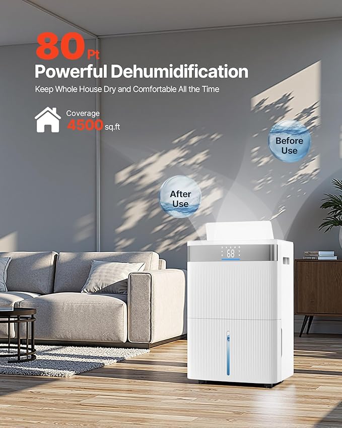 VEVOR 80 Pints Dehumidifier for Home & Basement, 4500 Sq.Ft Large Coverage, Drain Hose for Commercial & Industrial Use, Smart Humidity Control, Low Noise for Warehouses, Bathroom, Bedrooms & Storage - Image 2