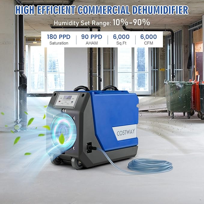 COSTWAY 180 PPD Crawl Space Dehumidifier with Pump, 24.6 Ft Drain Hose, Auto Defrost & Memory Function, 6,000 Sq. Ft Commercial Dehumidifier for Basement, Warehouse, Job Site, Water Damage Restoration - Image 2
