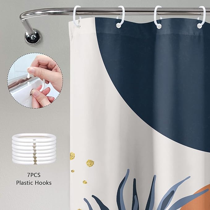 Small Stall Boho Shower Curtain 36Wx72H Navy Blue Modern Bohemian Mid Century Gold Leaves Orange Minimalist Geometric Bathroom Decor Half Narrow Bath Curtain Fabric Polyester 7 Pack Hooks - Image 4