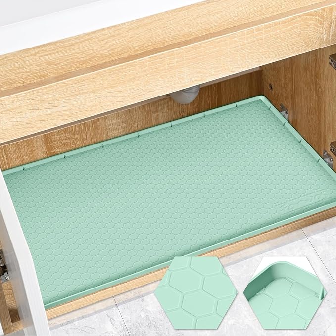Waterproof Under Sink Mat 34" x 19", Silicone Cabinet Liner, Rubber Protector for Kitchen and Bathroom, Keeps Cabinets Clean, Dry, and Organized (Mint Green) by FORWOS