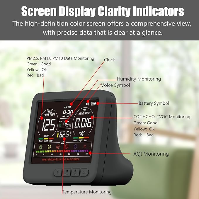 Professional Indoor Air Quality Monitor with 7X AQI Alarms,16 in 1 Portable Real-Time Detector for PM2.5 | PM10 | CO2 | TVOC | HCHO | Temp | Hum for Home Cars Plants Pets (Black) - Image 7