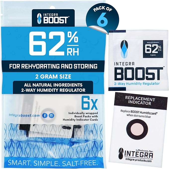 Integra Boost 2-Way Humidity Control Pack – Patented Technology for Humidity Control – Preserve Flavor & Maintain 62% RH – Moisture Absorber for Herbs, Spices & More – 2 Gram (Pack of 6) by IntegraSpecialtyProducts