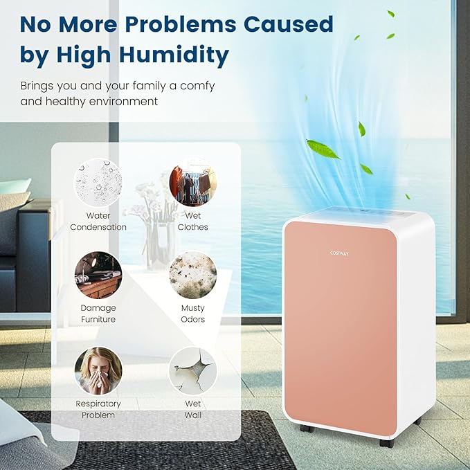 COSTWAY 2500 Sq. Ft Dehumidifier for Basement, 32 Pints Portable Quiet Dehumidifier for Bedroom Bathroom with Sleep Mode, 24H Timer, Auto Shut Off, Auto Defrost & Drain Hose (Pink) - Image 2